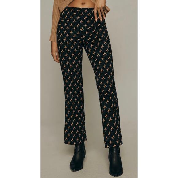 Maeve Anthropologie Margot Kick Flare Crop Pants Dog Print Black Women's L - Picture 1 of 10